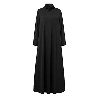 Xiaojmake Women Turtleneck Tunic Dresses Casual Long Sleeve Maxi Dress Long Sleeve Floore Length A Line Long Prayer Dress - color: Black, size: XX-Large