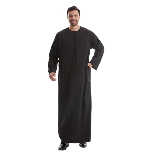 IWEMEK Men Muslim Thobe Long Sleeve Kaftan Robe with Pockets Saudi Arabic Thobe Ramadan Middle East Dubai Islamic Abaya Dress - color: Black, size: Small