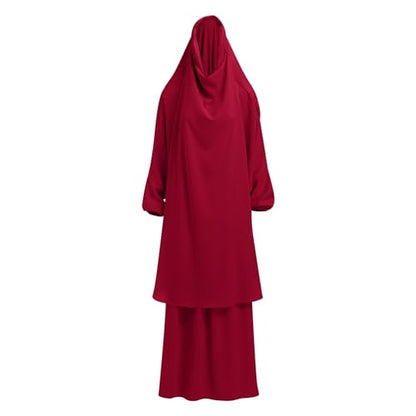 ODIZLI Two Pieces Jilbab and Dress for Muslim Women Long Khimar and Skirt Available for Prayer - color: Wine Red