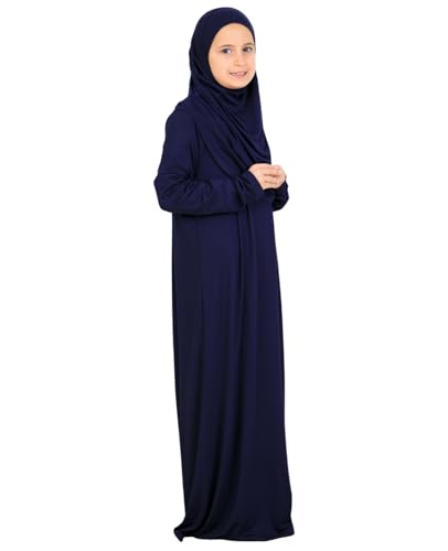 Prien Kids Muslim Prayer Dress With Hijab & Pouch, Soft Viscose Abaya For Girls, Islamic Clothes, Robe For Eid, Ramadan - color: Navy Blue
