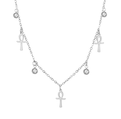 Ankh Cross Y Necklace Key of Life Eye of Horus Pendant Cartouche Long Chain Protection African Coptic Amulet Ancient Egyptian Religious Jewelry Gift for Women Men - color: Gemstone Ankh Cross silver