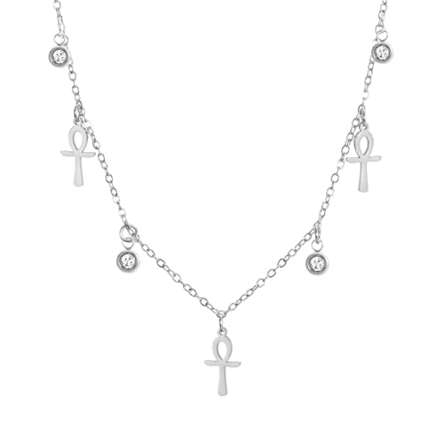 Ankh Cross Y Necklace Key of Life Eye of Horus Pendant Cartouche Long Chain Protection African Coptic Amulet Ancient Egyptian Religious Jewelry Gift for Women Men - color: Gemstone Ankh Cross silver