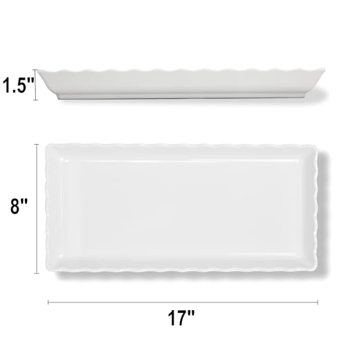 KAQAHIDO 17" x 8" x 1.5" White Serving Tray Set, Wave Edge Melamine Platters for Cookie, Appetizer, Charcuterie, Snack, Dessert, Party Food Display, Stackable, Set of 2