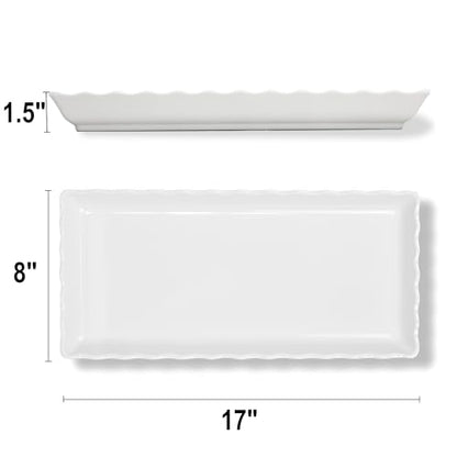 KAQAHIDO 17" x 8" x 1.5" White Serving Tray Set, Wave Edge Melamine Platters for Cookie, Appetizer, Charcuterie, Snack, Dessert, Party Food Display, Stackable, Set of 2