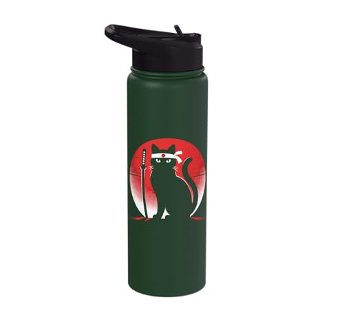 Japanese Cats Lovers Retro Cool Fighting Ninja Cat Fighter Stainless Steel Insulated Water Bottle - color: Dark Green