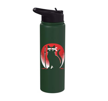 Japanese Cats Lovers Retro Cool Fighting Ninja Cat Fighter Stainless Steel Insulated Water Bottle - color: Dark Green
