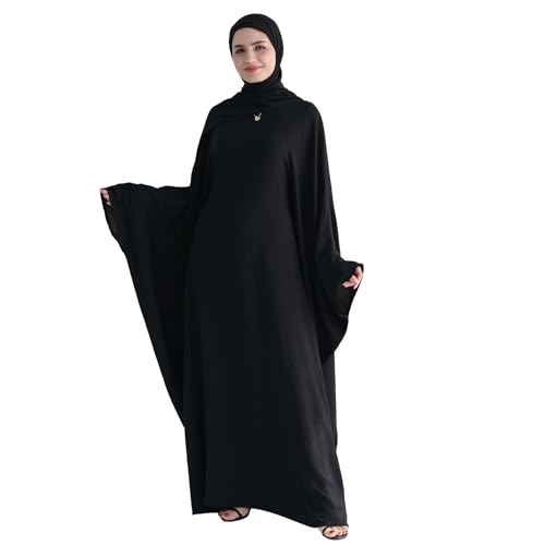 Abaya 무슬림 여성용 드레스 배트윙 슬리브 루즈핏 맥시 겸손한 이슬람 의류 히잡 스카프 포함 기도 드레스 - color: 블랙.