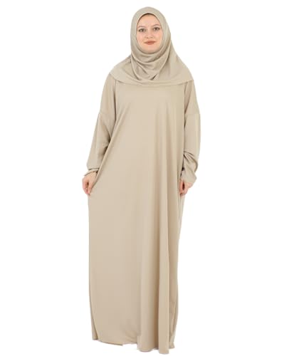 Women Prayer Clothes with Hijab Muslim Outfits Long Robe Abaya Turkish Islamic Dresses Dubai Kaftan with Rosary - color: Mink