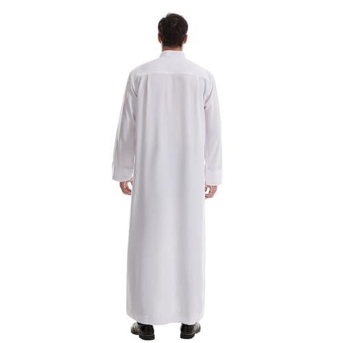IKADEX Muslim Thobe for Men Islam Kaftan Long Sleeve Button Down Casual Henley Prayer Robe Clothing Dubai Arabic with Pockets - color: White, size: 3X-Large