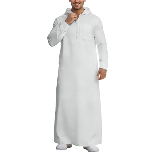 Mens Kaftan Thobe Casual Long Sleeve Zipped Hoodies Caftan Robe Muslim Gown Kurta Tops Arabic T Shirts with Pockets - color: White, size: Small