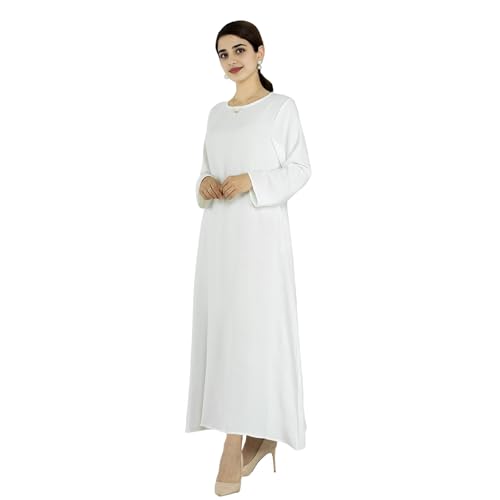Women Abaya Muslim Dress Long Sleeve Modest Prayer Maxi Kaftan Islamic Clothes with Pockets - color: White, size: X-Large