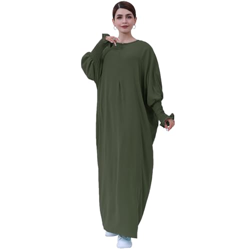 khalat Womens Muslim Prayer Dress Front Zipper Kaftan Islamic Robe Modest Solid Abayas for Women Muslim - color: Army Green