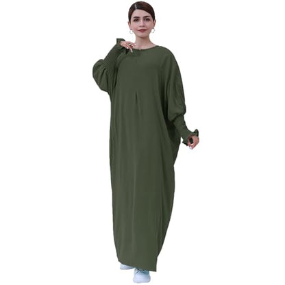 khalat Womens Muslim Prayer Dress Front Zipper Kaftan Islamic Robe Modest Solid Abayas for Women Muslim - color: Army Green