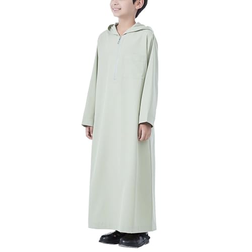 Xiaojmake Dubai Abaya Thobe Elegant Ramadan for Boys Zip Arabic Prayer Clothes with Pockets Islamic Muslim Outfits 3-15Y - color: Green, size: 10-11 Years