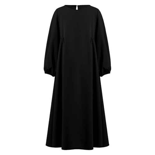 Kids Girls Muslim Abaya Long Lantern Sleeve Robe Maxi Dress Dubai Islamic Pleated Prayer Dress Full Cover Kaftan Casual - color: Black, size: 5-6 Years