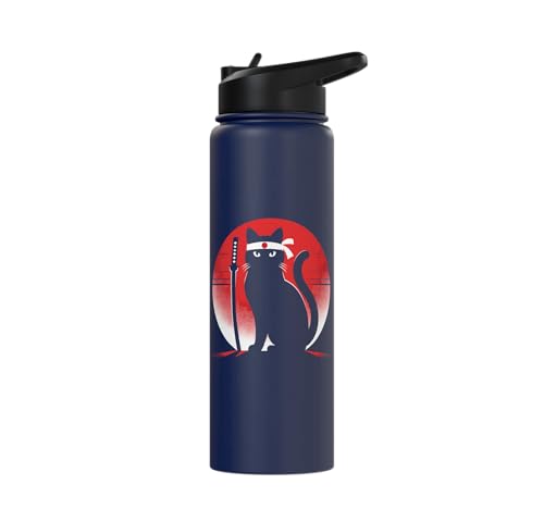 Japanese Cats Lovers Retro Cool Fighting Ninja Cat Fighter Stainless Steel Insulated Water Bottle - color: Navy Blue