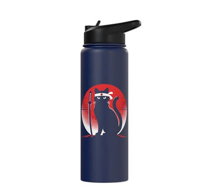 Japanese Cats Lovers Retro Cool Fighting Ninja Cat Fighter Stainless Steel Insulated Water Bottle - color: Navy Blue
