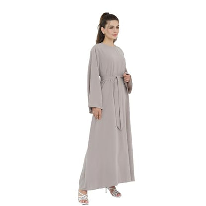 Women Abaya Dress with Belt Muslim Bell Sleeve Robe Islamic Prayer Jilbab | with Belt, A-line Skirt, Bell Sleeve - color: Taro Color, size: Medium