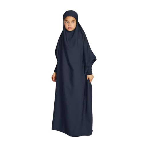 Lmdudan Girls Muslim Dress Hood Long Sleeve Prayer Dresses Robe Dubai Abaya 2026 Ramadan Kaftan Dress Kids 6-13 Years - color: Dark Blue, size: 8-9 Years
