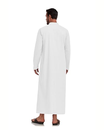 Jacansi Men's 65% Cotton 35% Linen Kaftan Robe, Henley Button Down Thobe, Long Sleeve Casual Gown with Pockets - color: White, size: XX-Large
