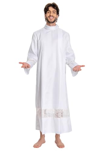 Men White Priest Robe Clergy Cassock Gown Pastor Outfits Christian Costume - color: White, size: X-Large