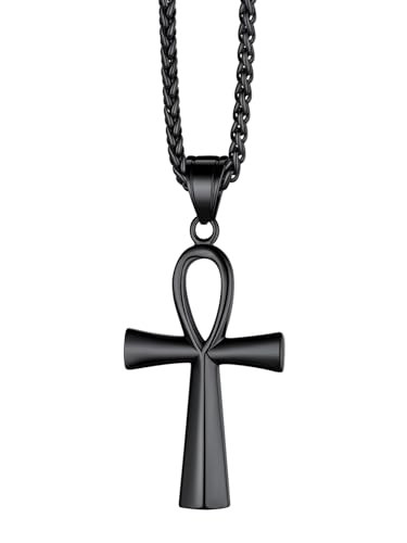 Richsteel Stainless Steel/Gold/Black Plated Ankh Cross Pendant Necklace for Men Women with Wheat Chain Religious Jewelry(with Gift Box) - color: 03-Black Ankh