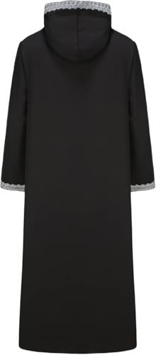 Men's Hooded Thobe - Traditional Embroidered Muslim Islamic Kaftan, Half-Zip Middle Eastern Arabic Robe - color: Black, size: Large