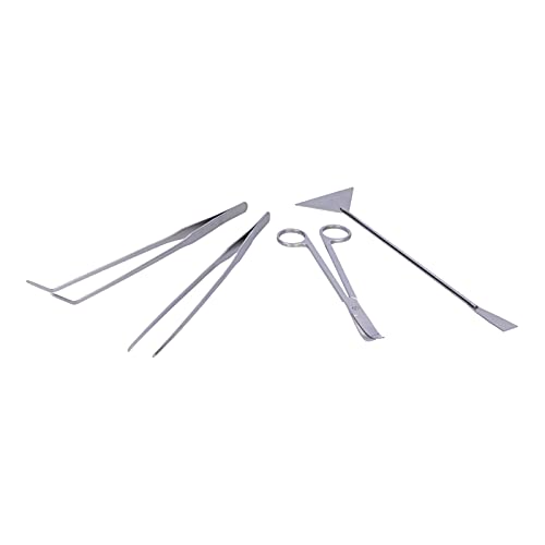 4 in 1 Aquarium Tools Kit, Aluminum Alloy Fish Plant Tools, Plant Aquascaping Tool Set with Straight Tweezer, Curved Tweezer, Spatula