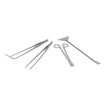 4 in 1 Aquarium Tools Kit, Aluminum Alloy Fish Plant Tools, Plant Aquascaping Tool Set with Straight Tweezer, Curved Tweezer, Spatula