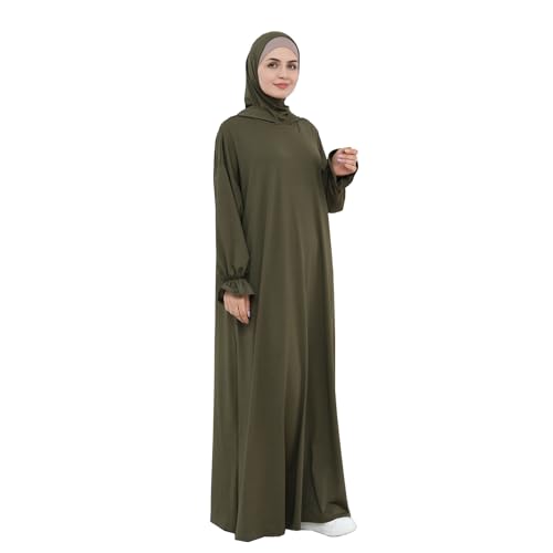 Muslim Hoodie Abaya Islamic Prayer Jilbab Maxi Robe with Inner Cap | Two-layer Cap, Prayer Abaya, Large Style - color: Army Green
