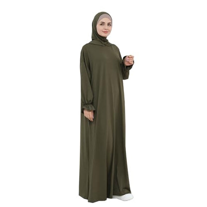 Muslim Hoodie Abaya Islamic Prayer Jilbab Maxi Robe with Inner Cap | Two-layer Cap, Prayer Abaya, Large Style - color: Army Green
