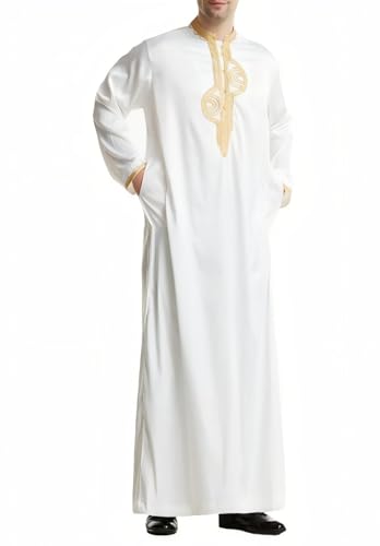 Men's Ankle-Length Thobe With Round Neck And Intricate Gold Embroidery - color: White and Gold, size: 3X-Large