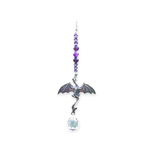 Dragon Suncatcher for Car Rear View Mirror - Amethyst Crystal Prism Hanging Ornament - Handmade Feng Shui Rainbow Maker Car Charm Decoration