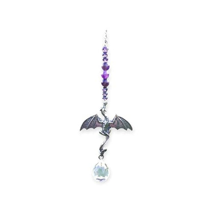 Dragon Suncatcher for Car Rear View Mirror - Amethyst Crystal Prism Hanging Ornament - Handmade Feng Shui Rainbow Maker Car Charm Decoration