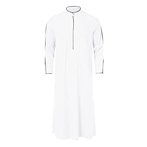 Men’s Thobe Muslim Islamic Robe Kaftan Long Sleeve Jubba Arabic Gown Ramadan Eid Prayer Ethnic Dress A9 - color: White, size: Medium