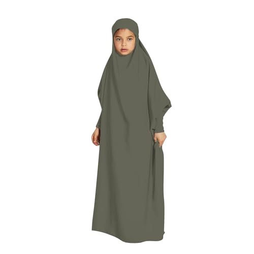 Lmdudan Girls Muslim Dress Hood Long Sleeve Prayer Dresses Robe Dubai Abaya 2026 Ramadan Kaftan Dress Kids 6-13 Years - color: Army Green, size: 8-9 Years