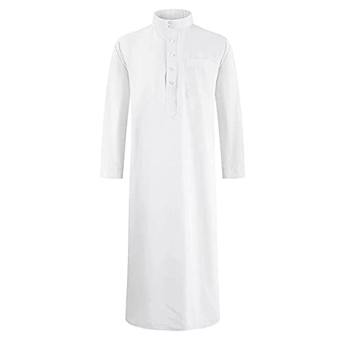 Men's Saudi Arabic Thobe Jubba Dishdasha Long Sleeve Robe Ramadan Muslim Dress Middle East Islamic Clothing (328# White, L), Large
