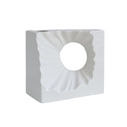 White Ceramic Decorative Vase, Square with Circular Cutout - color: White - Square Cutout Vase