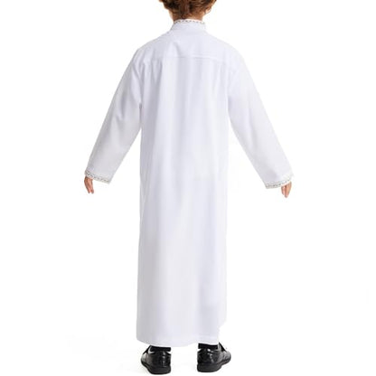 Muslim Thobe for Boys Islamic Thobe Long Sleeve Kaftan Stand Collar Button 𝐑obe Kids Ramadan Eid Outfit Prayer Clothes - color: White, size: 5-6X