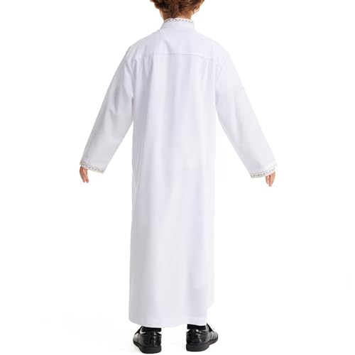 Muslim Thobe for Boys Islamic Thobe Long Sleeve Kaftan Stand Collar Button 𝐑obe Kids Ramadan Eid Outfit Prayer Clothes - color: White, size: 9-10 Years