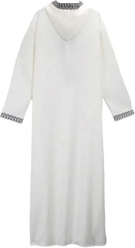 Men's Hooded Thobe - Traditional Embroidered Muslim Islamic Kaftan, Half-Zip Middle Eastern Arabic Robe - color: White, size: X-Large