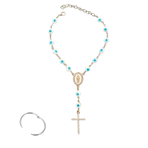 Car Rosary for Rearview Mirror, Evil Eye Pendant Car Interior Rear View Mirror Charm Auto Decors, Cross Personalized Hanging Accessories for Women Men (Blue) - size: Blue-A