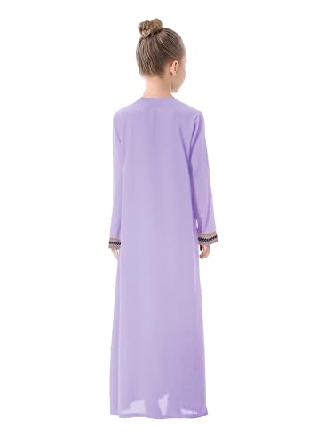 WSPLYSPJY Kids Girls Gold Embroidered Muslim Dress Abaya Long Sleeve Eid Robe Prayer Clothes - color: Light Purple, size: 7-8 Years