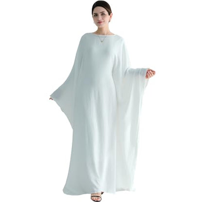 Muslim Abaya Dress Women Middle East Arabian Prayer Robe Batwing Maxi Kaftan Abaya Dress with Hijab - color: White