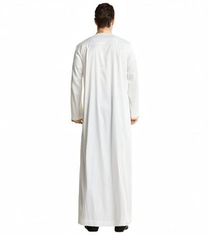 Men's Ankle-Length Thobe With Round Neck And Intricate Gold Embroidery - color: White and Gold, size: X-Large