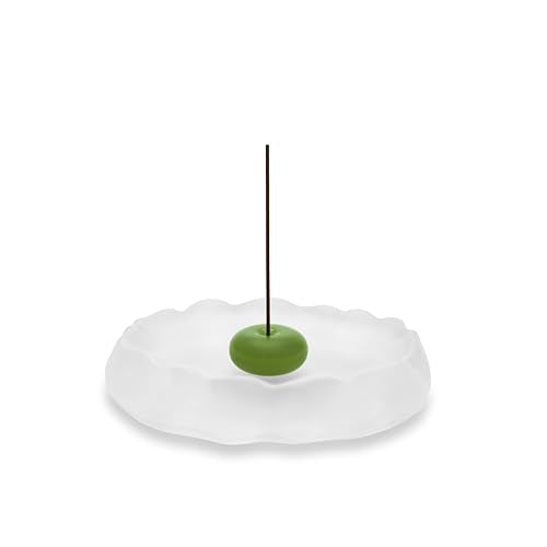 SATORY Handmade Zen Incense Holder 4.1" W- Frosted Glass & Green Jade Stone, Multi-Purpose Ash Catcher- Bakhoor Burner Gift with Incense Stick Samples, Home Décor, Yoga Meditation, Office