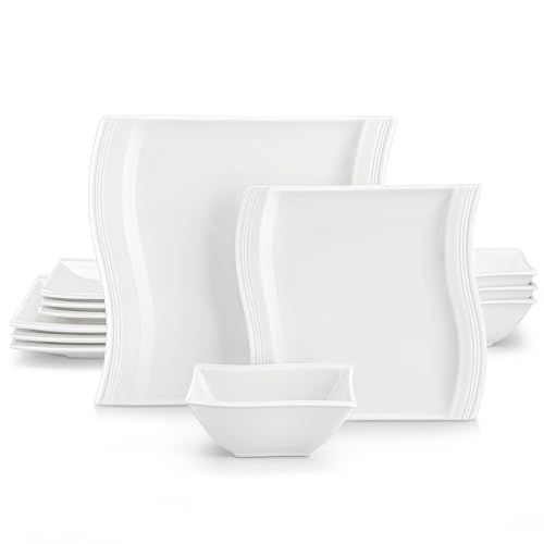 MALACASA Ivory White Dinnerware Set, 12 Pieces - Porcelain Dinner Plates, Dessert Plates and Bowls, Square Flora Pattern - color: Ivory White, size: 12 Piece(Service for 4)