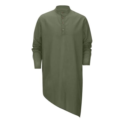 Mens Kaftan Robe Thobe Cotton Long Sleeve Henley Shirt Casual Muslim Gown Kurta Tops - color: Army Green, size: Small