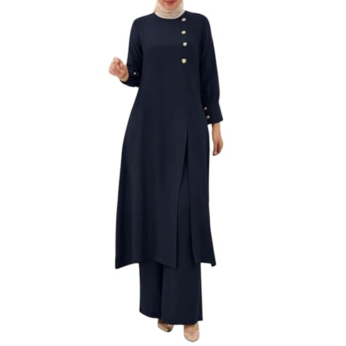 2 Piece Muslim Outfits For Women Long Sleeve Button Down Shirt And Baggy Pants Casual Dress Outfits Prayer Clothes - color: Blue, size: Small