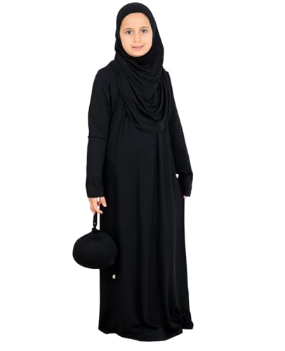 Prien Kids Muslim Prayer Dress With Hijab & Pouch, Soft Viscose Abaya For Girls, Islamic Clothes, Robe For Eid, Ramadan - color: Black